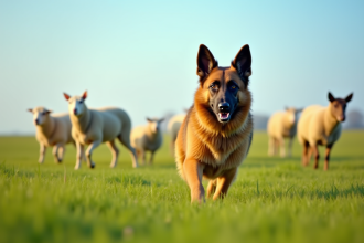 Laekenois belge en action dans une prairie ensoleillee