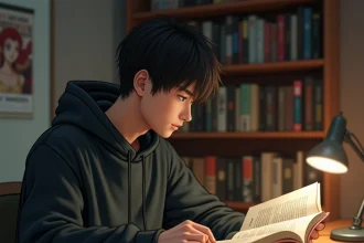 Jeune homme lisant un manga Demon Slayer dans une chambre cosy entourée de livres et de posters anime