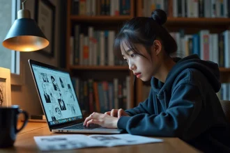 Jeune femme lisant des scans de manga sur son ordinateur portable, entourée de volumes physiques et de pages imprimées, illustrant la consommation de scans en ligne