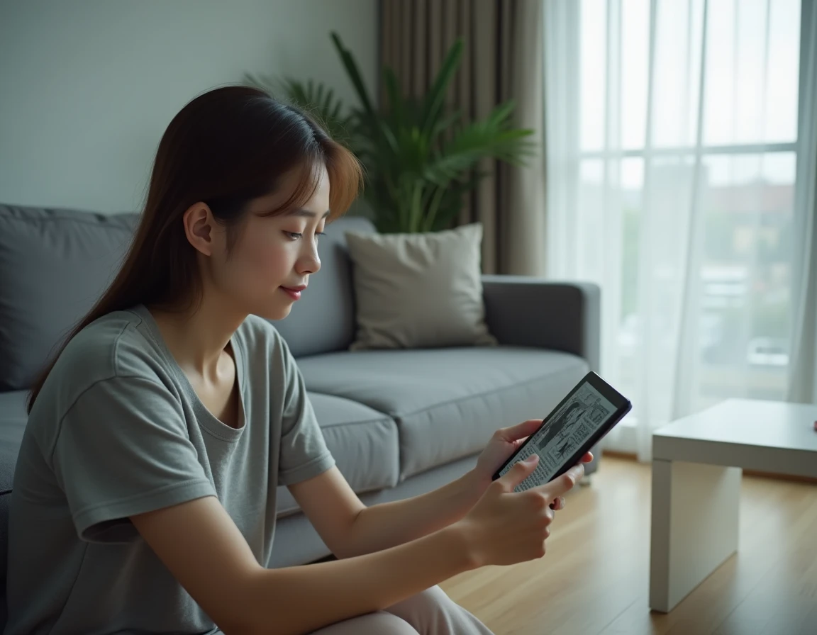 Jeune femme lisant des scans de manga sur une tablette installée dans un salon moderne