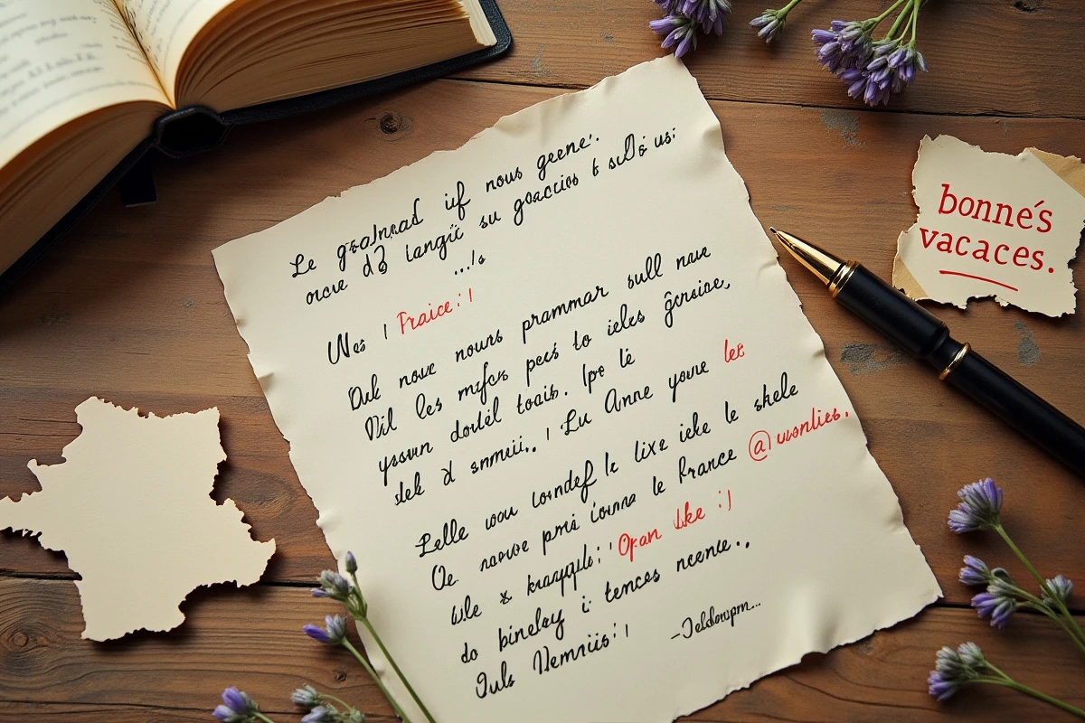 Vue de dessus d'une lettre manuscrite en français avec un livre de grammaire et une note encerclant bonnes vacances en rouge