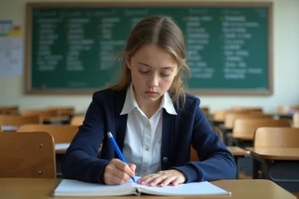 Lycéenne qui écrit dans un cahier de français en classe, avec des conjugaisons au tableau