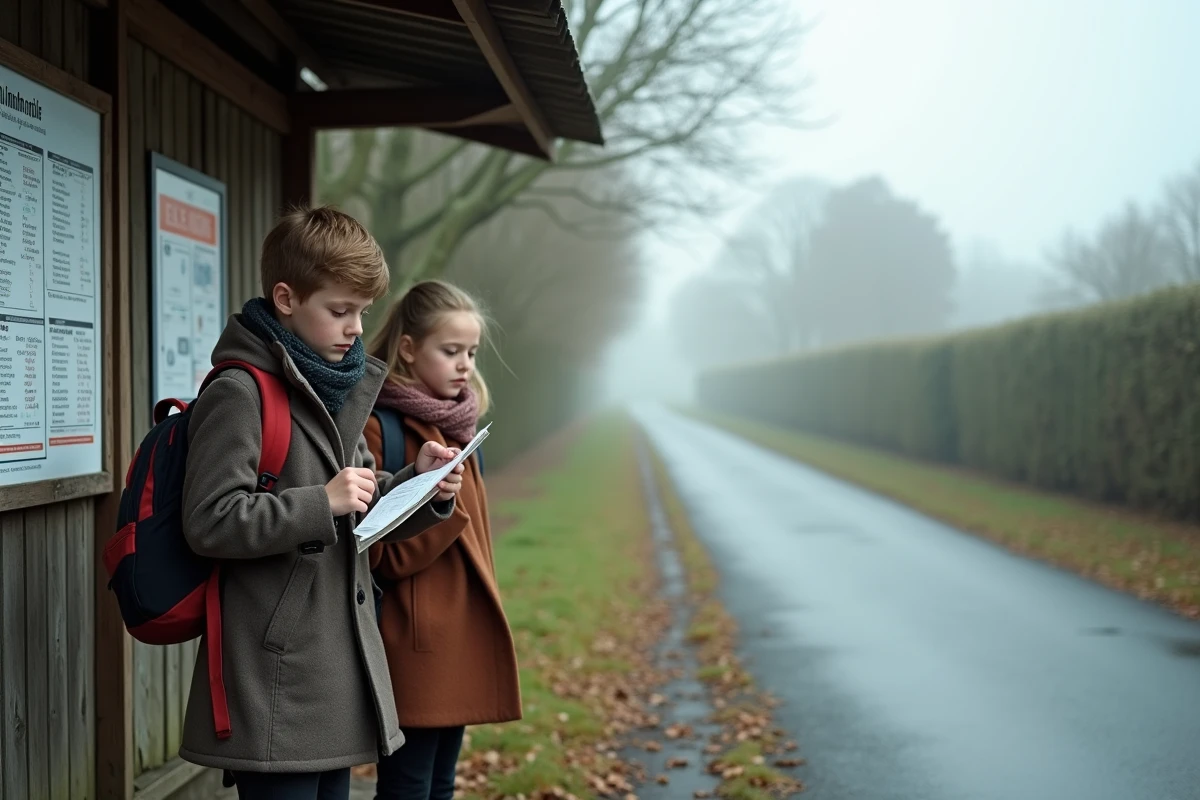 Lycéens attendant le bus scolaire dans un village rural du département de l'Orne en Normandie