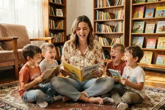 Femme et enfants chantant ensemble la comptine La maison de ma tante dans un salon chaleureux