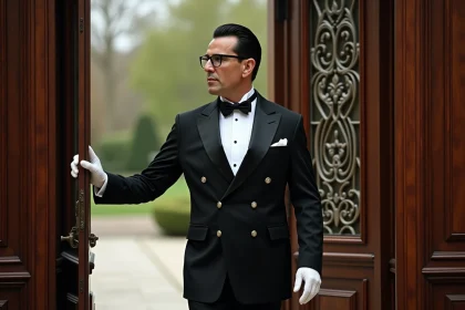 Homme en majordome devant une grande maison en bois