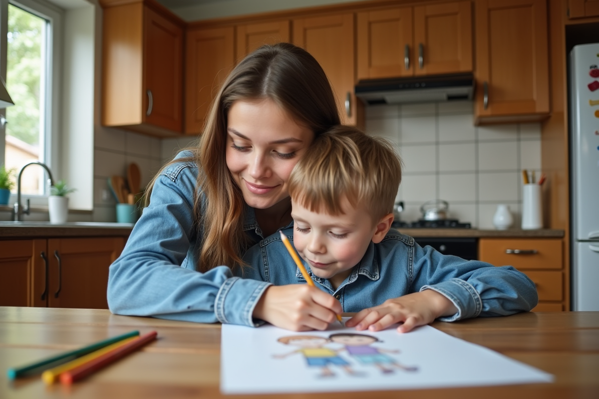 Jeune femme avec enfant dessinant dans la cuisine lumineuse