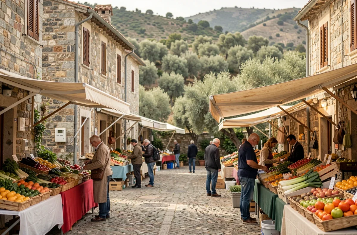 Marché traditionnel corse en place de village avec habitants et étals de produits locaux