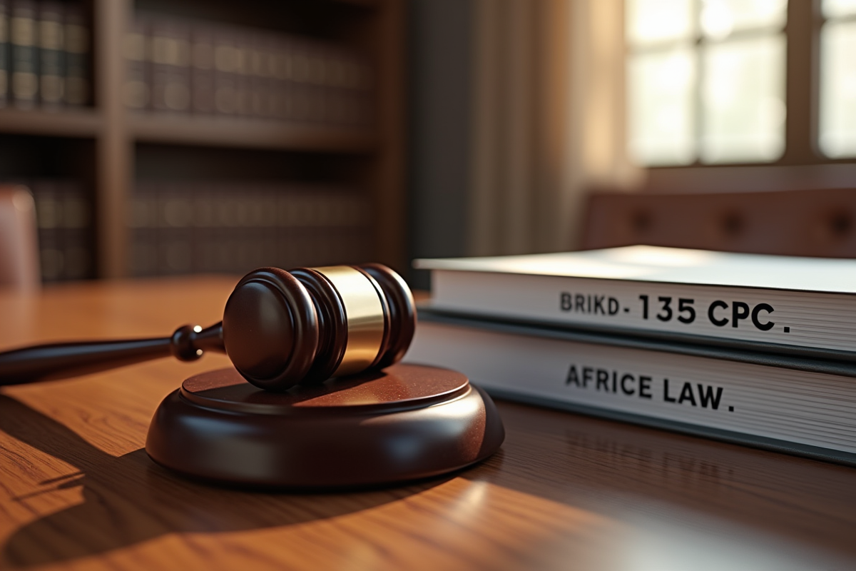 Marteau de justice avec dossiers Article 145 CPC sur un bureau en bois