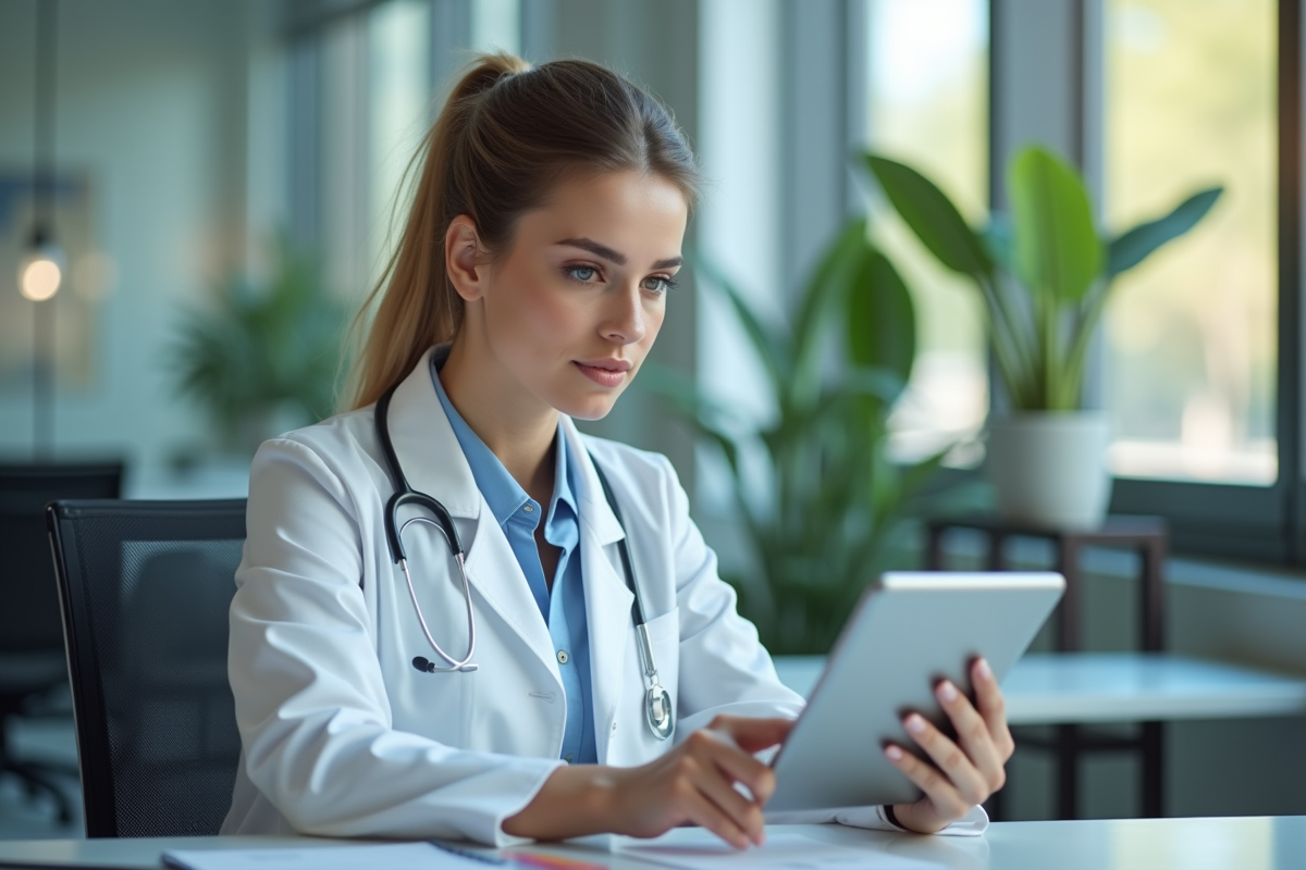 Femme en tenue professionnelle utilisant une tablette dans une clinique moderne