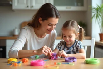 Mère et fille apprenant à faire une fleur en scoubidou ensemble à la table de cuisine familiale