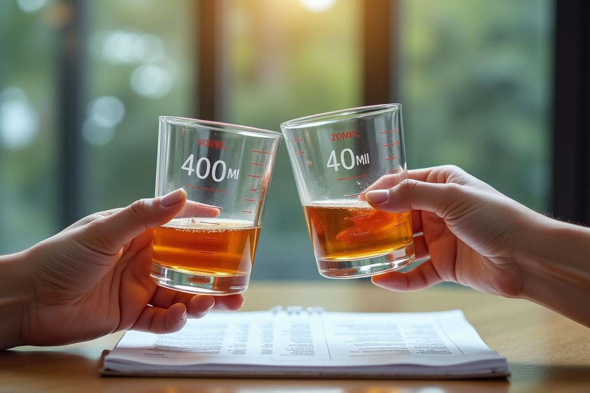 Main tenant deux verres mesureurs 400 ml et 40 cl avec notes de conversion
