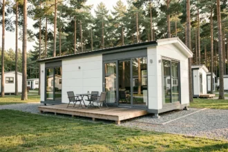 Mobil-home moderne bien équipé installé sur un camping entouré de pins, avec terrasse en bois et grandes fenêtres panoramiques