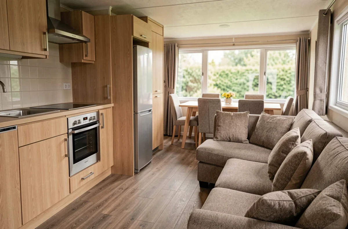 Intérieur d'un mobil-home bien équipé avec cuisine intégrée, salon cosy et matériaux de qualité en espace ouvert