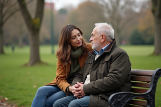 Femme et homme âgé assis sur un banc dans un parc calme