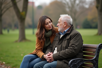 Femme et homme âgé assis sur un banc dans un parc calme