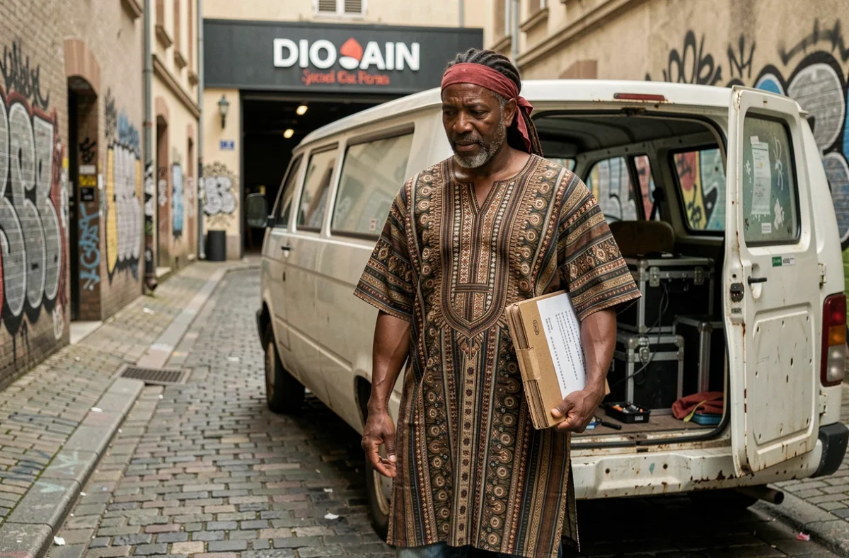 Musicien reggae chargeant du matériel dans un van de tournée derrière une salle de concert à Lyon, coulisses métier