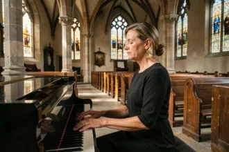 Femme jouant du piano dans une église lors d'une cérémonie funèbre, atmosphère recueillie et apaisante