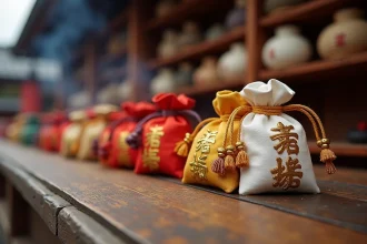 Plusieurs omamori japonais traditionnels en tissu brodé posés sur une surface en bois d'un sanctuaire shintoïste