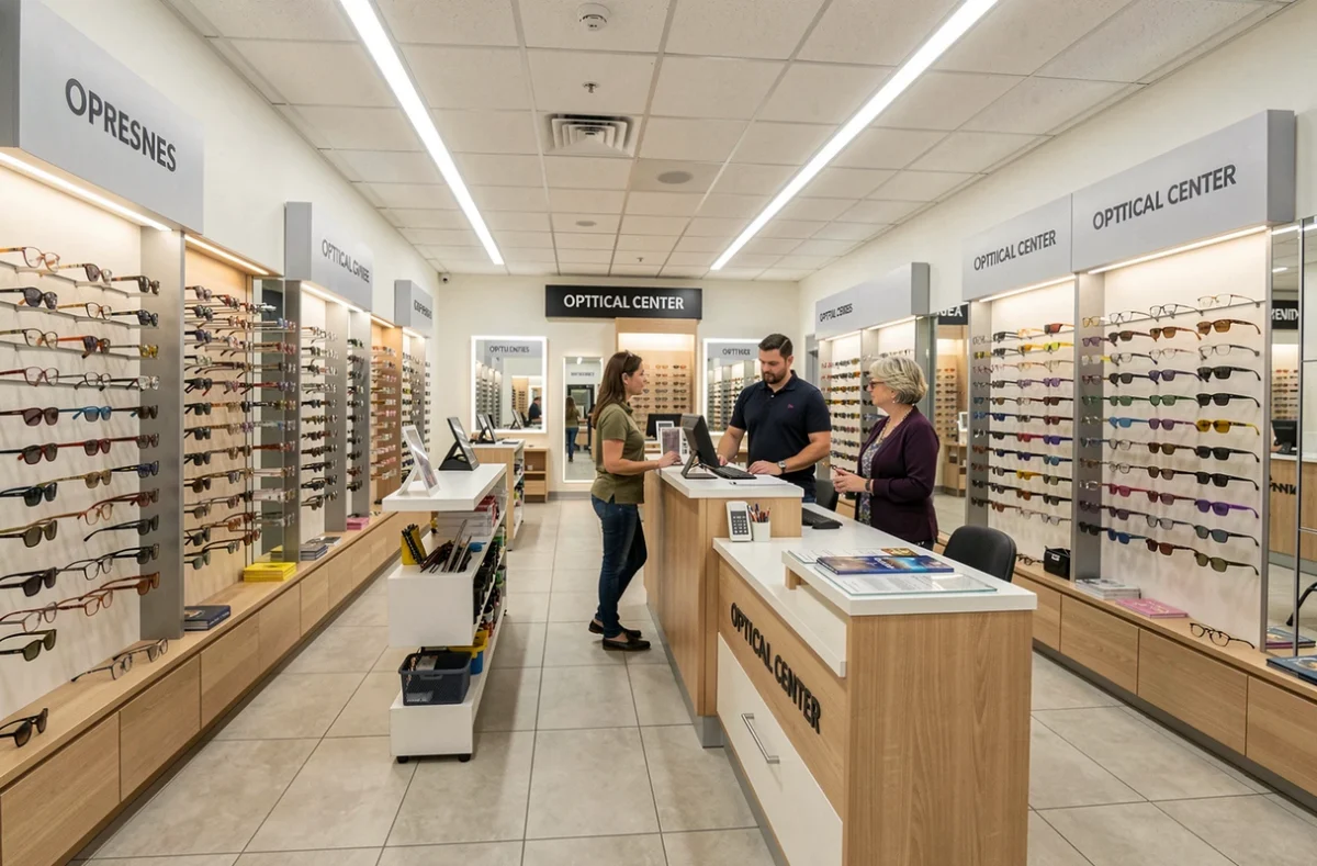 Intérieur d'Optical Center à Fresnes avec un opticien conseillant une cliente au comptoir de service