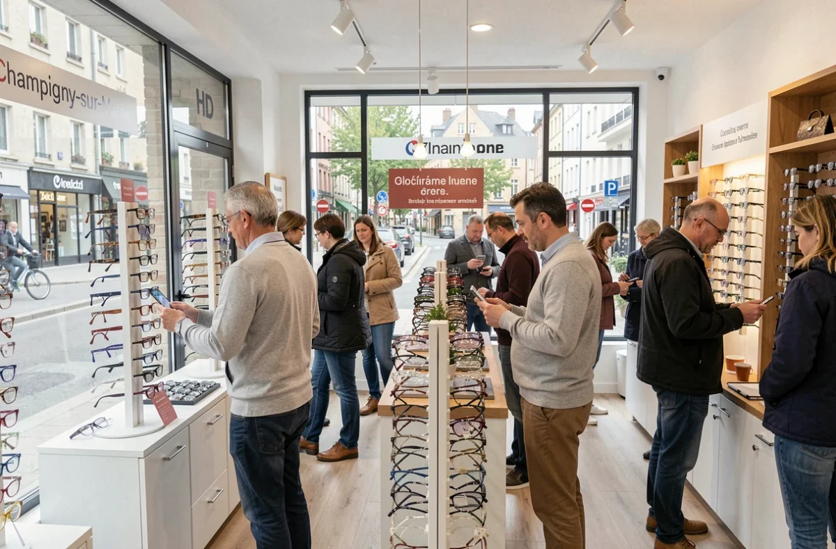 Opticien à Champigny-sur-Marne avec des clients parcourant les rayons de lunettes dans la boutique