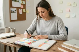 Femme organisant son planning semaine paire impaire dans un agenda papier ouvert sur un bureau en bois