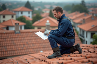 Couvreur homme en tenue sur un toit en tuiles avec devis