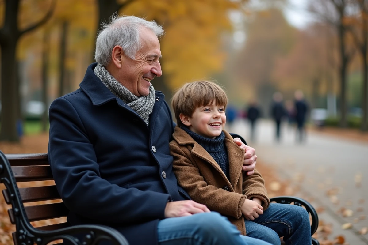 Père et fils riant assis sur un banc dans un parc parisien