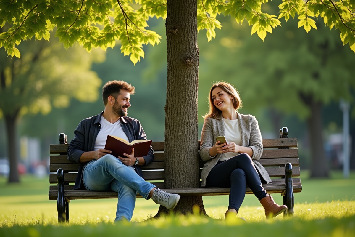 Homme et femme partageant un regard dans un parc ensoleille