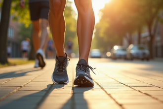 Jambes et pieds en marche sur trottoir ensoleille avec chaussures sport et tracker
