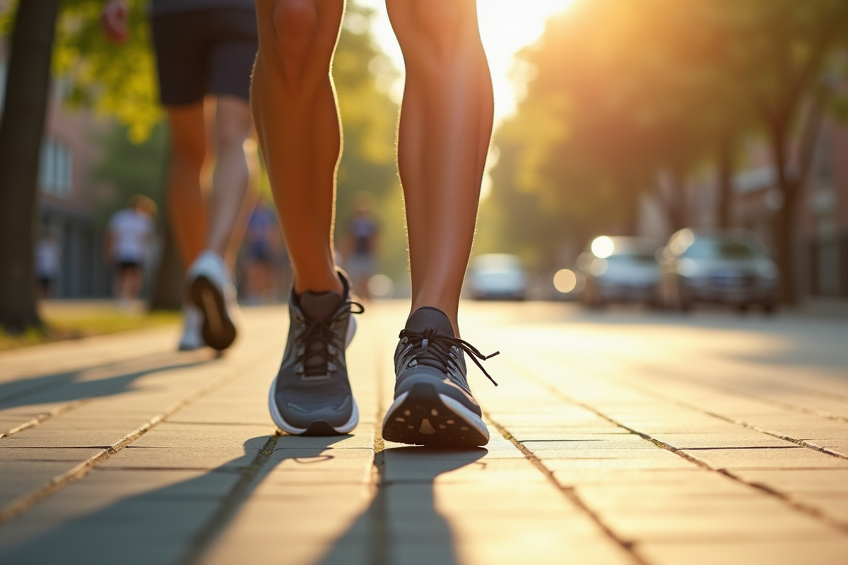 Jambes et pieds en marche sur trottoir ensoleille avec chaussures sport et tracker