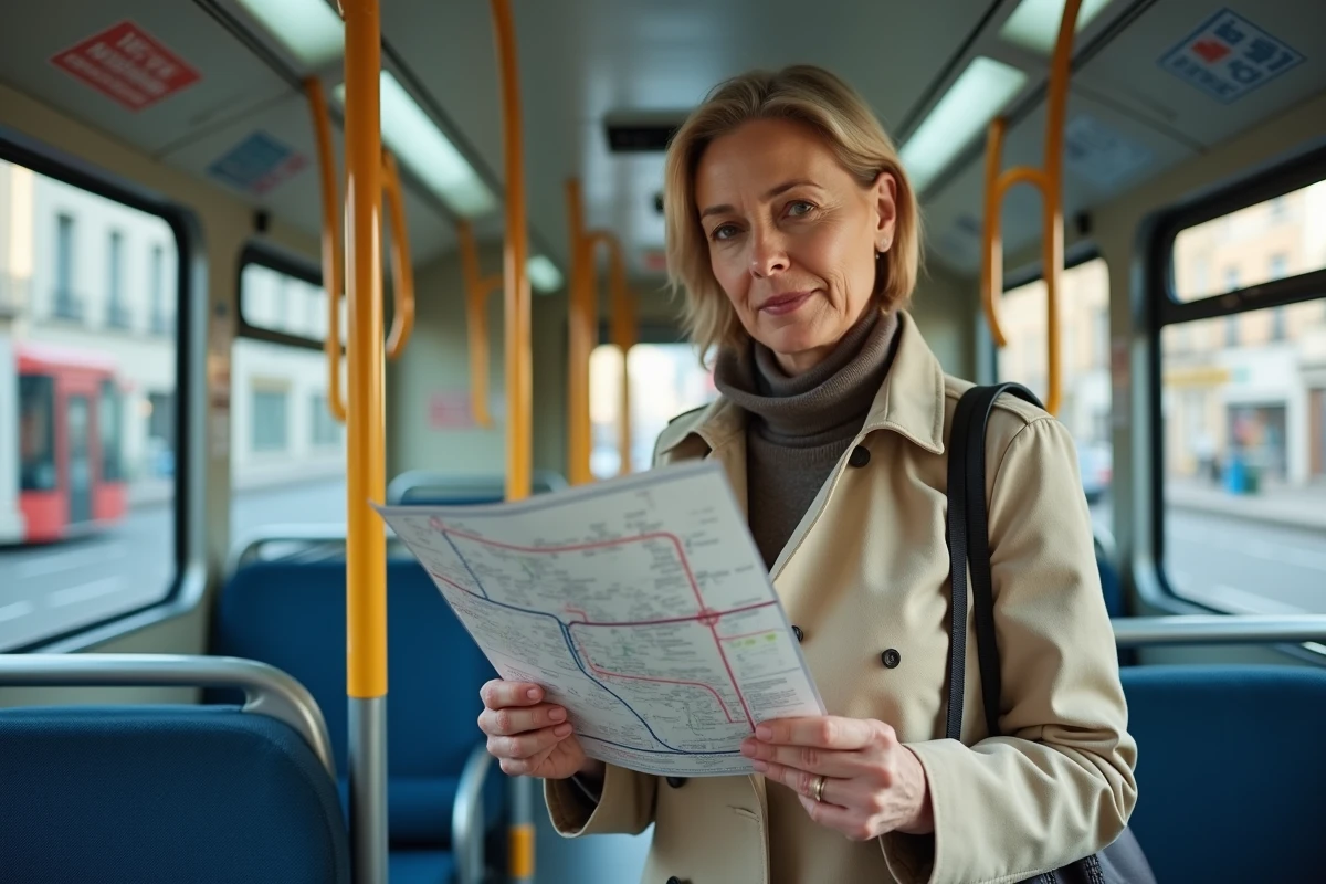 Passagère consultant le plan du tramway de Bordeaux lignes E et F à l'intérieur d'une rame