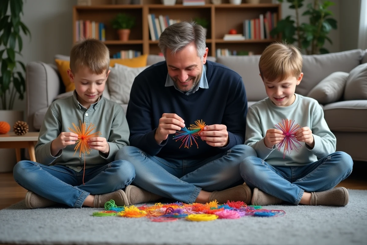 Père et deux fils faisant des scoubidous fleurs assis par terre dans le salon pendant le week-end