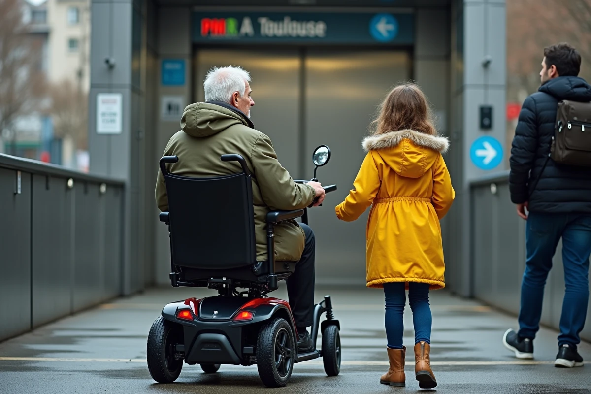 Personne agee en scooter avec sa petite fille devant la station