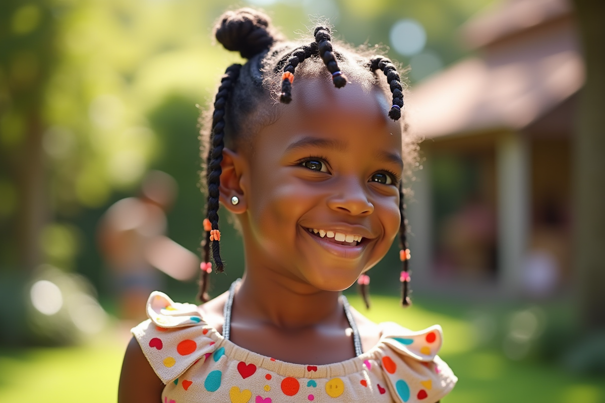 Petite fille souriante avec tresses colorées en fête