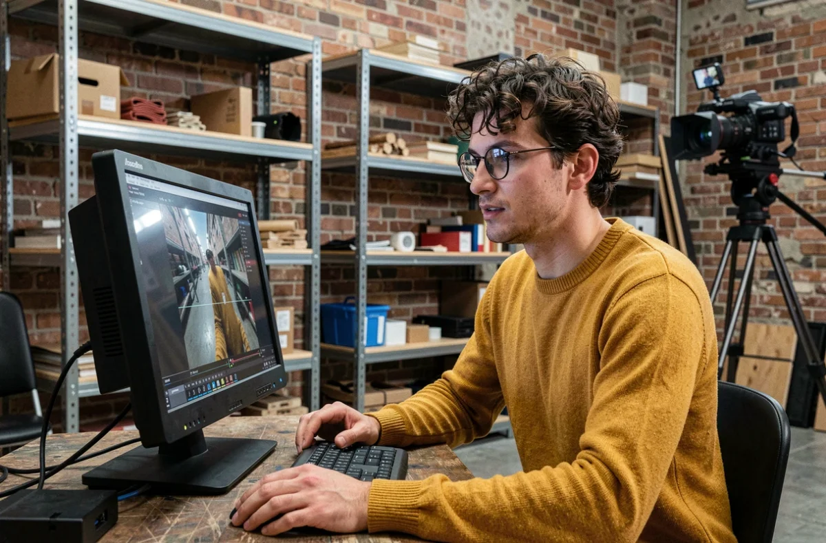 Réalisateur de Piflette Production en train de visionner des rushes dans un studio industriel à Toulouse