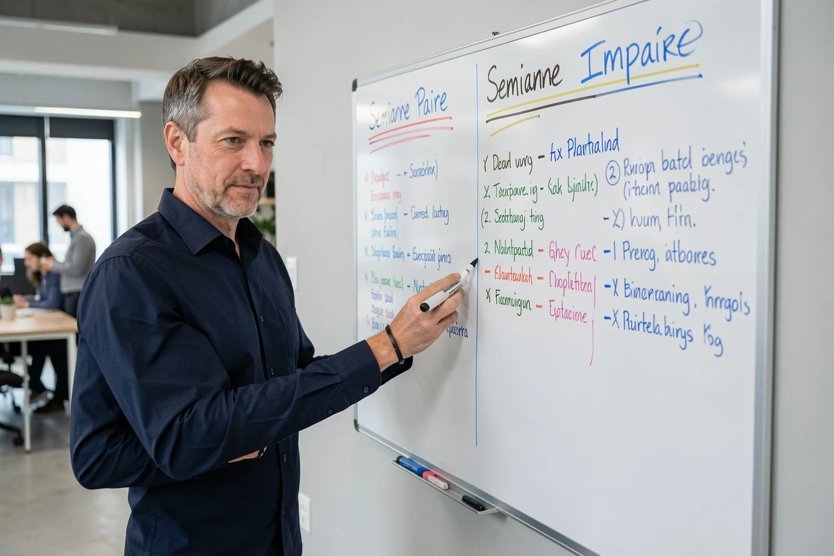 Homme expliquant un système de planning alternant semaines paires et impaires sur un tableau blanc en entreprise