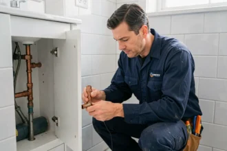 Plombier professionnel inspectant des raccords en cuivre sous un lavabo dans une salle de bain carrelée blanche, département de la Somme