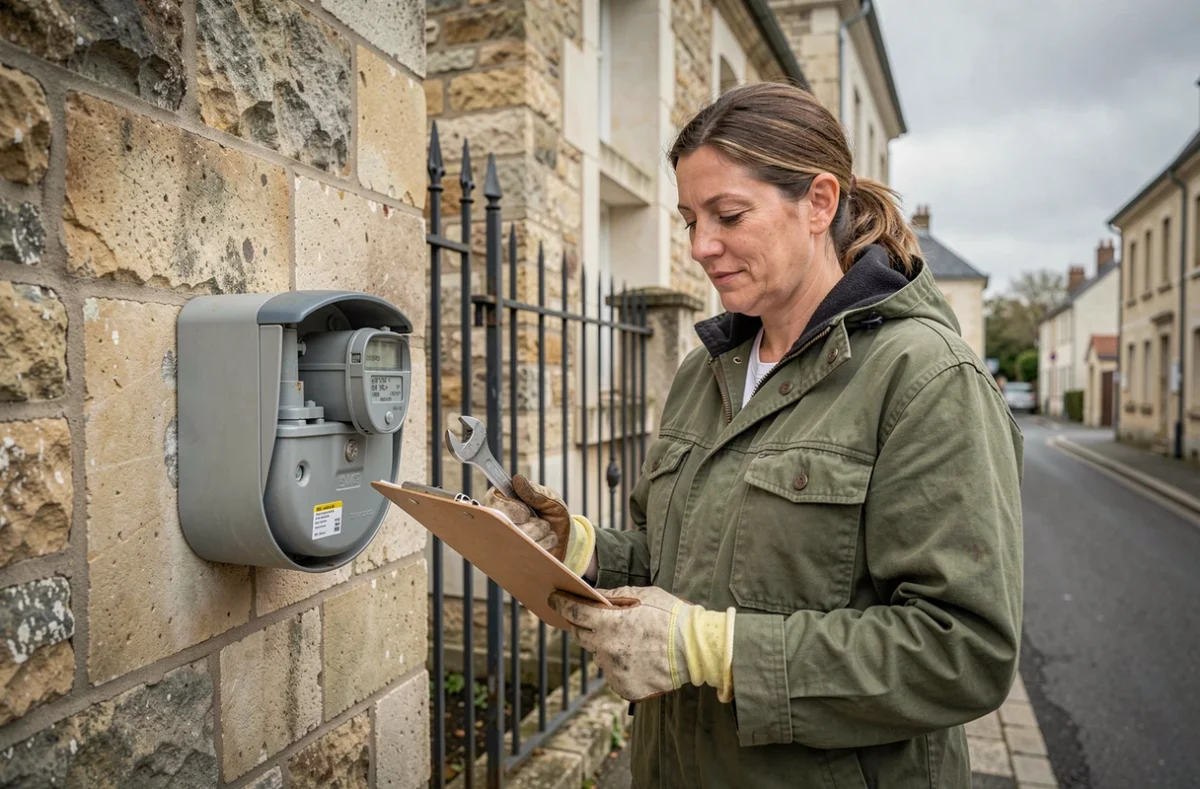 Plombière professionnelle consultant un presse-papiers devant un compteur d'eau encastré dans un mur en pierre dans une rue résidentielle de la Somme