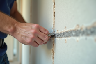 Main d'ouvrier appliquant du ruban renforcé sur une cloison en plâtre