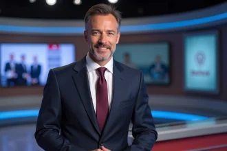 Présentateur homme de CNews derrière le bureau d'un plateau télévisé moderne