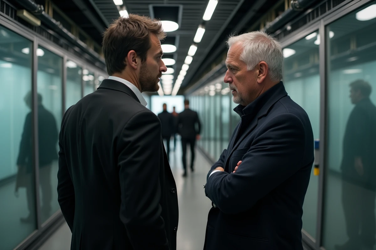 Deux présentateurs masculins en discussion éditoriale dans les coulisses d'une chaîne d'information française