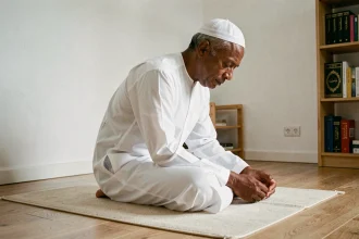 Homme en tenue traditionnelle effectuant la prière du fajr sur un tapis de prière dans un appartement en banlieue parisienne