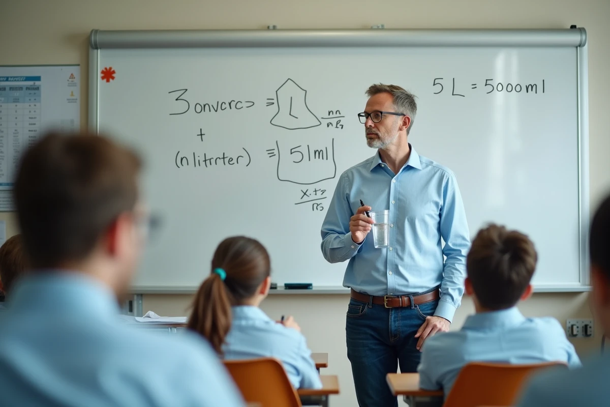 Enseignant en classe expliquant la conversion de 5 litres en millilitres devant un tableau blanc avec des schémas pédagogiques