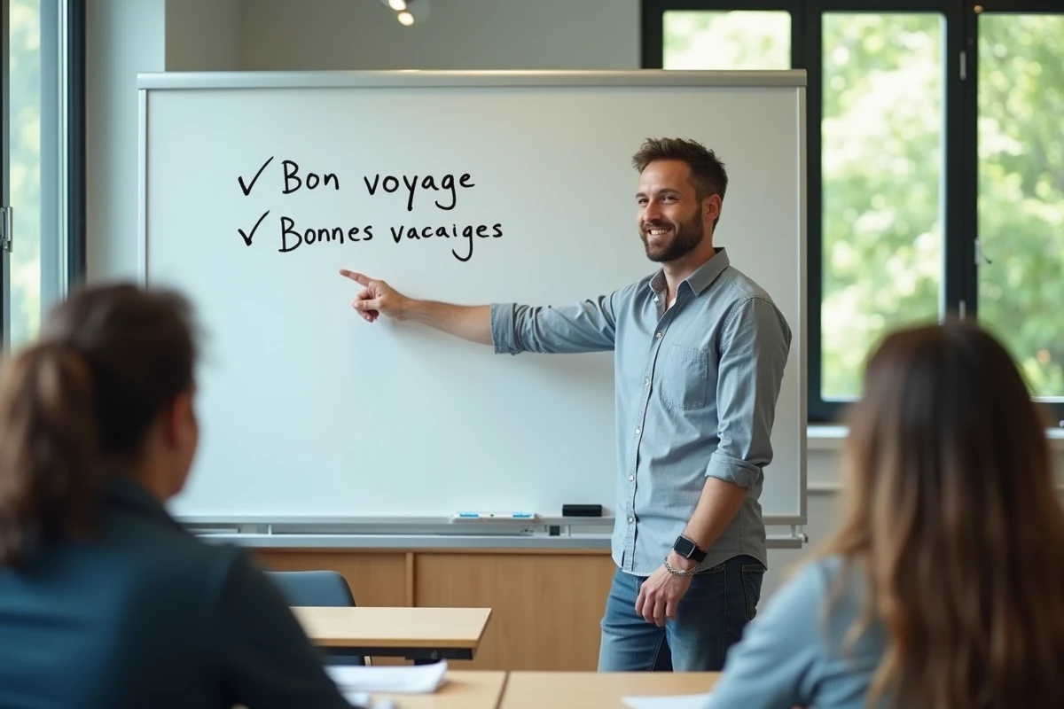 Professeur de français expliquant la différence entre bon et bonne devant un tableau blanc en salle de classe