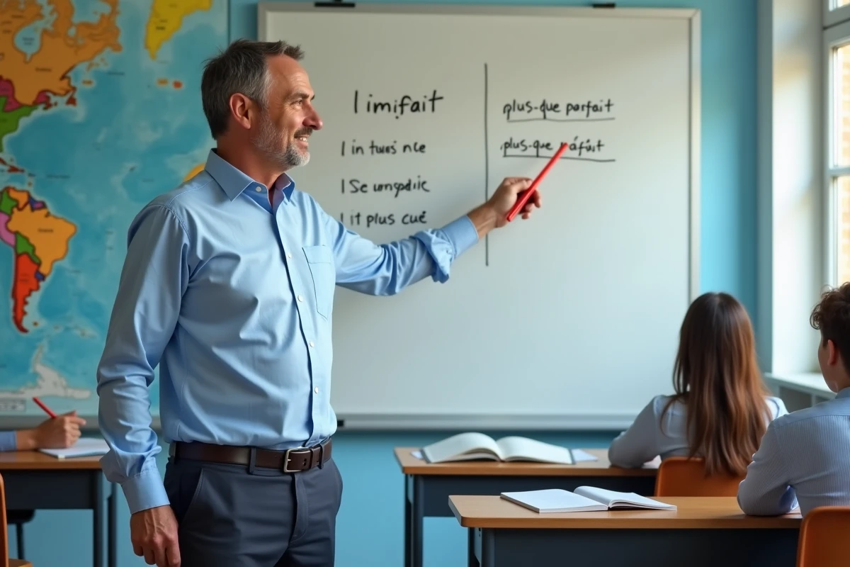 Professeur de français devant un tableau blanc expliquant les temps du passé en grammaire