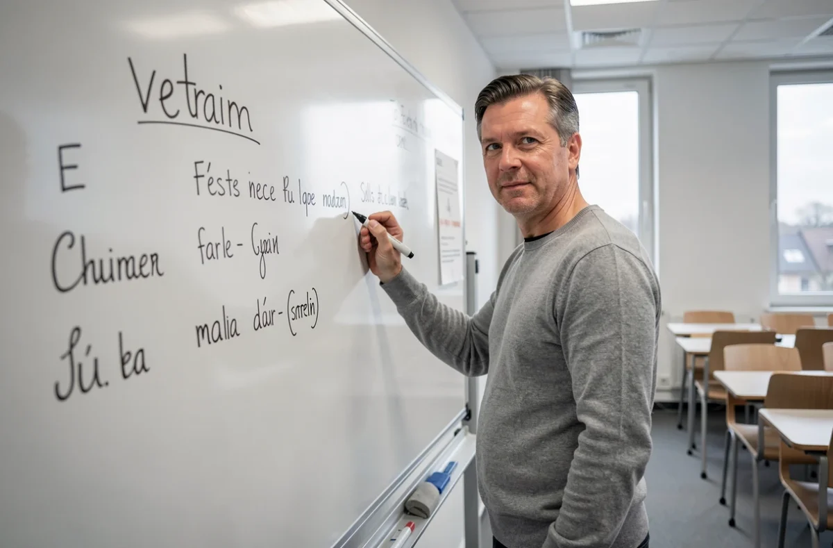 Professeur écrivant les synonymes du mot verbatim au tableau dans une salle de cours