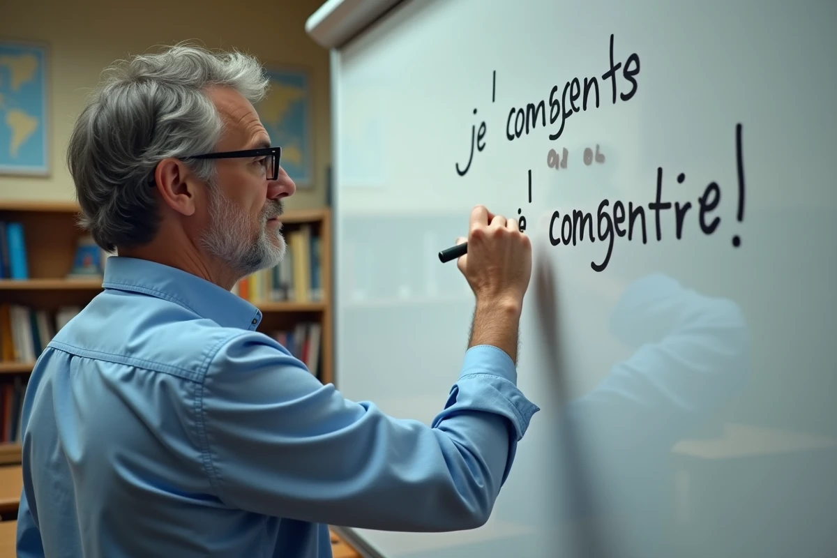 Professeur écrivant une phrase en français au tableau