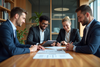 Groupe de professionnels en réunion dans un bureau moderne