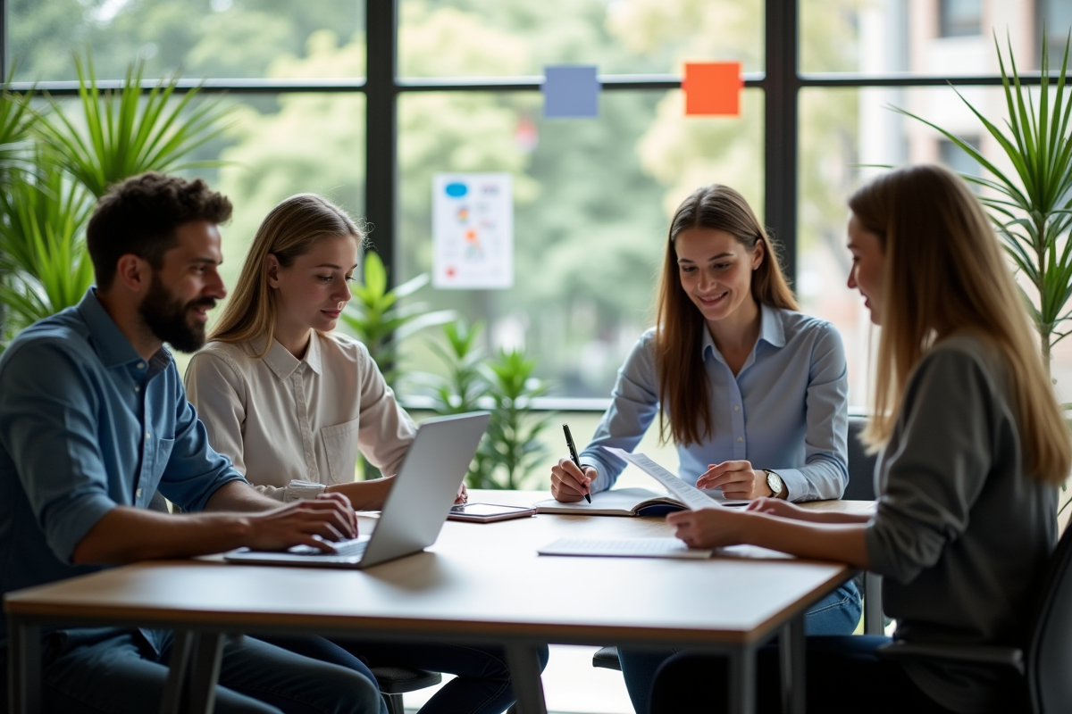 Quatre professionnels divers travaillant dans un bureau lumineux