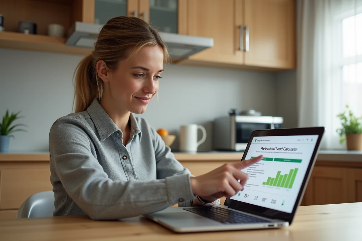 Propriétaire vérifiant la sécurité électrique de son logement grâce à un calculateur de charge en ligne sur ordinateur portable